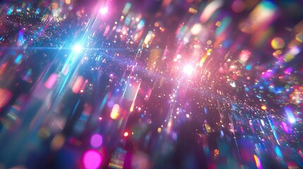 Fototapeta premium Bright digital lens flare with vivid rays and rainbow streaks against a pure black background, adding a sci-fi touch.