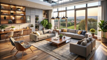 Fototapeta premium Aerial view of a stylish modern living space with a mock-up frame for artwork, showcasing contemporary design, spacious