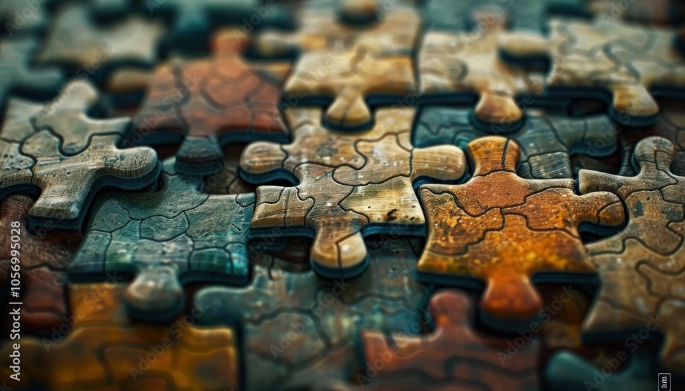 Poster intricate jigsaw puzzle pieces interlocking to form a detailed and complex whole, representing unity