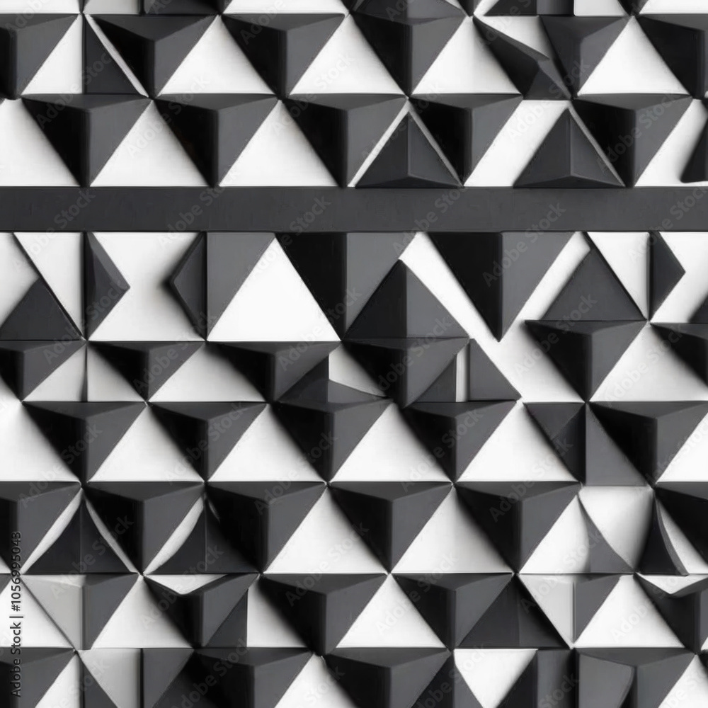 Poster abstract arrangement of black triangular shapes on surface, creating geometric pattern with intricat
