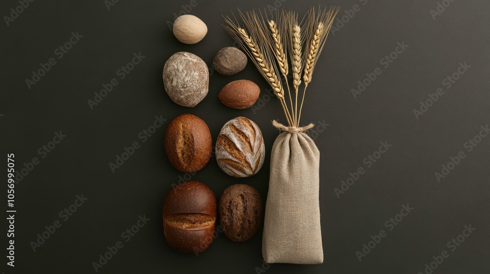 Poster artfully arranged assorted bread types and shapes with wheat in a linen bag on a dark chalkboard tab