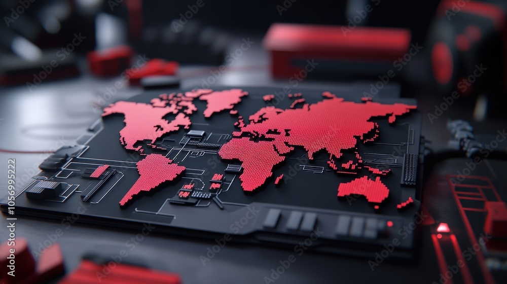 Poster global network connection world map on circuit board