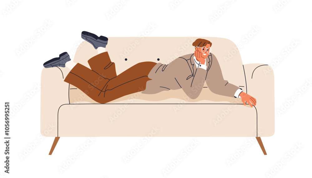 Aufkleber happy business man lying on couch, relaxing during break. funny smiling office worker resting on sof