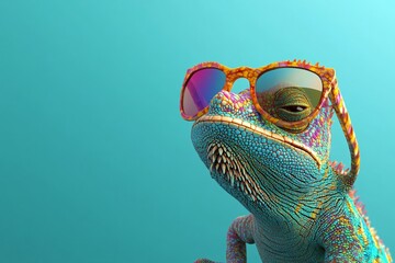 A cool chameleon wearing stylish sunglasses against a vibrant turquoise background during daylight hours