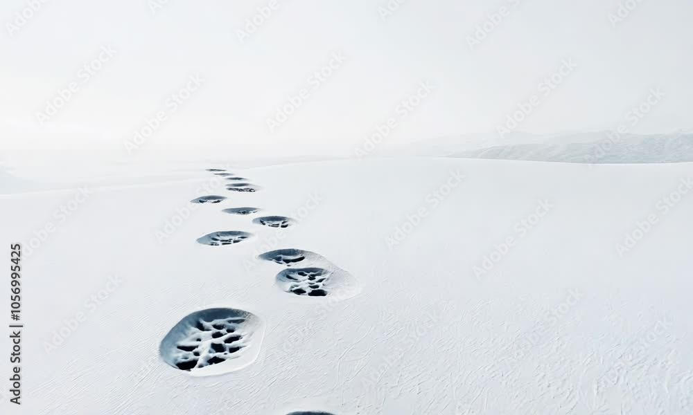 Poster a playful pattern of footprints trailing across a pristine white background, leading towards a dista
