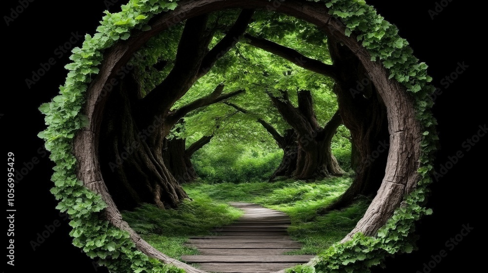 Poster magical forest path through tree tunnel with lush greenery