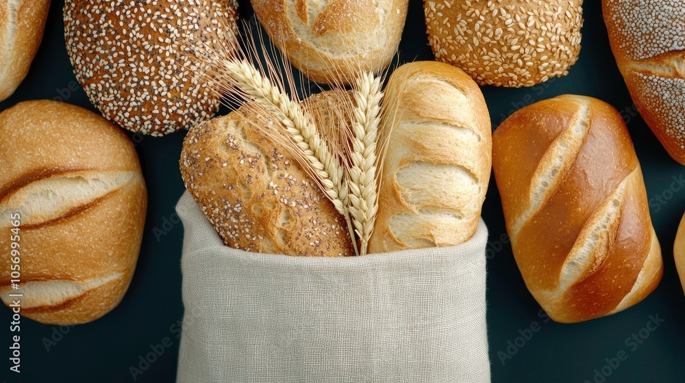 Poster a top view of an exquisite arrangement of assorted bread types with wheat in a linen bag against a d