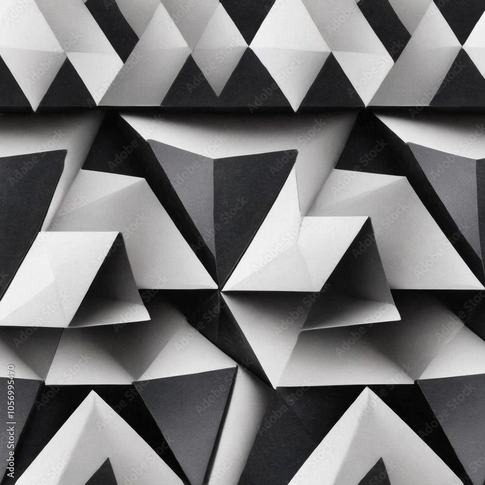 Poster abstract geometric pattern featuring three-dimensional black and white pyramids creating visually st
