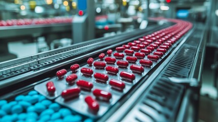 Red Capsules Moving Along a Conveyor Belt in a Pharmaceutical Factory