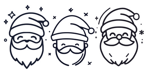 Three Santa Claus faces, line art style.
