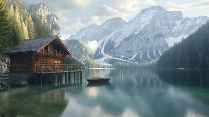 Fototapeta premium A cabin on a lake with a boat in the water