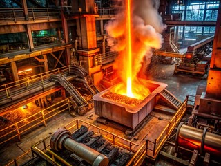 Aerial View of Hot Steel Forging Process with Mechanical Hammer and Red Hot Billet in Metallurgic Factory -