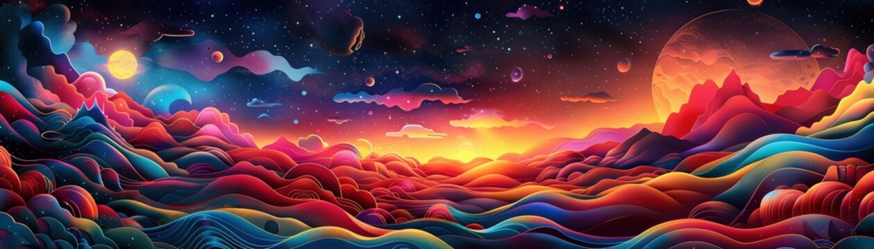 Create an imaginative illustration of explorers navigating through vibrant subspace landscapes, filled with swirling colors and geometric shapes The image should evoke a sense of wonder 
