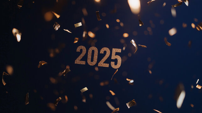 new year 2025, gold line typography of "2025" on a navy background, gold confetti, New Year party