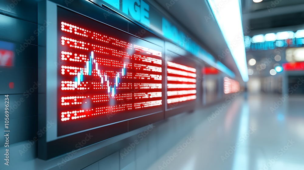 Poster dynamic stock market display analyzing financial trends through led technology in a modern trading e
