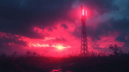 mobile phone cell tower stands tall against dramatic sunset, illuminated by red lights. scene captures moody atmosphere with dark clouds and rain