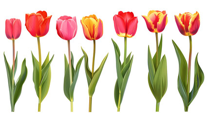 Set of beautiful red and orange spring tulips on white background. Botanical vintage watercolor illustration. Spring composition for greeting cards, holidays 