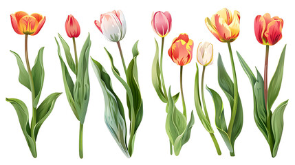 Obraz premium Set of beautiful red and orange spring tulips on white background. Botanical vintage watercolor illustration. Spring composition for greeting cards, holidays 