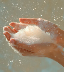 close up of hands holding fluffy shampoo foam, surrounded by sparkling bubbles, creating refreshing and clean atmosphere