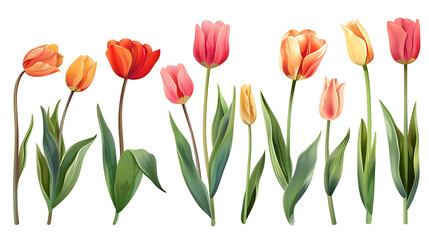 Obraz premium Set of beautiful red and orange spring tulips on white background. Botanical vintage watercolor illustration. Spring composition for greeting cards, holidays 