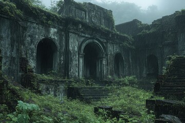 Naklejka premium Overgrown Abandoned Ruins Nature's Reclaiming Embrace, A Haunting View of Time's Passage and the Decay of Civilization Abandoned Buildings Overgrown with Nature, Whispering Stories of a Forgotten