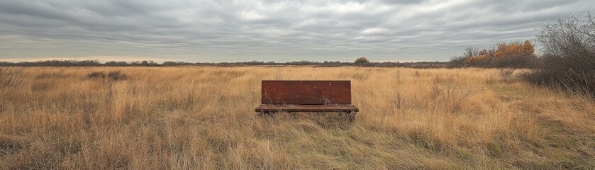 Fototapeta premium Overgrown Field with Rusty Bench Abandoned, Desolate Landscape Reclaimed by Nature, A Haunting Reminder of Time's Passage and Nature's Resilience