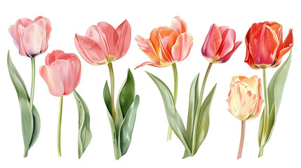 Fototapeta premium Set of beautiful red and orange spring tulips on white background. Botanical vintage watercolor illustration. Spring composition for greeting cards, holidays 