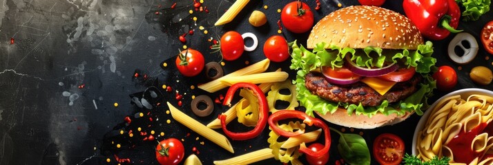 Food Poster. Fast Food Restaurant Marketing Banner with Pizza, Burger, and Pasta