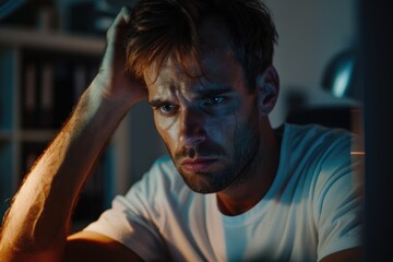 Fototapeta premium Frustration. Corporate Employee Exhausted from Long Workday Seeking Guidance