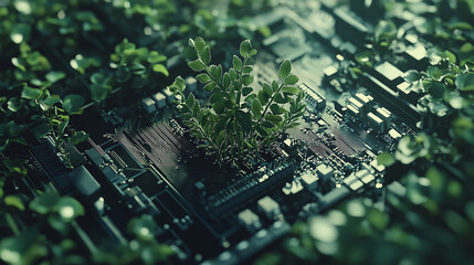 Generative AI illustration of digitally created image of ree with foliage growing from a circuit board illustrating the concept of technology