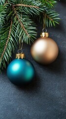 Festive Christmas Ornaments Hanging on Pine Branches