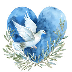 Watercolor white dove and olive branches. Abstract blue sky heart. Hand drawn watercolor illustration. Decorative design elements.