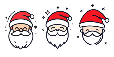 Three Santa Claus faces, line art and color.