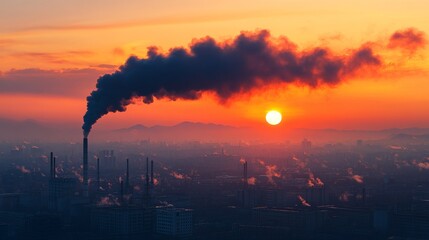 Naklejka premium Industrial Cityscape at Sunset with Smoke Plumes and a Distant Mountain Range