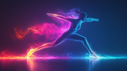 Abstract Female Figure in Neon Lights Running Forward