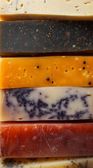 various types of cheese, including Gouda, Cheddar, Blue, and Brie cheeses, showcasing cheese textures