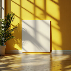 blank square paper mockup is positioned against vibrant yellow wall, illuminated by sunlight streaming through large windows, creating beautiful shadows on wooden floor