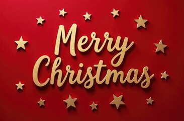 Golden Inscription merry Christmas on red background, surrounded by golden stars.