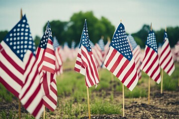 A field adorned with American flags creating a vibrant display for a national celebration or memorial remembrance event
