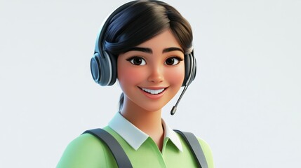 A customer service woman wearing professional attire and headphones is smiling