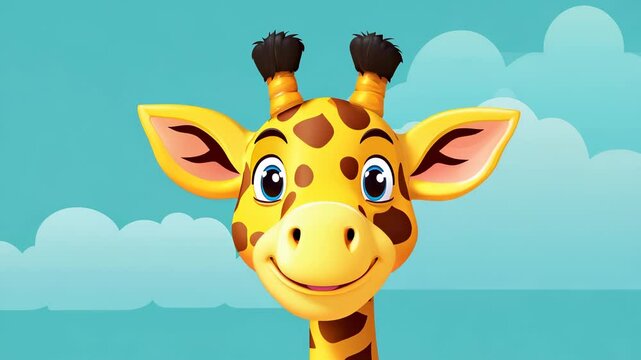 cartoon giraffe with a friendly expression against a bright, blue sky with clouds, creating a playful and happy scene