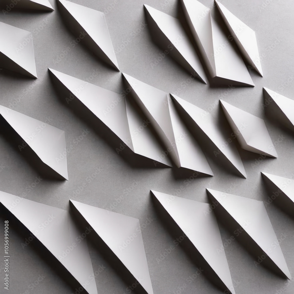 Poster abstract arrangement of white paper shapes forming geometric patterns on a flat surface, creating an