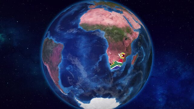 Earth Zooming on Neighbour Countries South Africa And Zimbabwe Highlighted with their flags