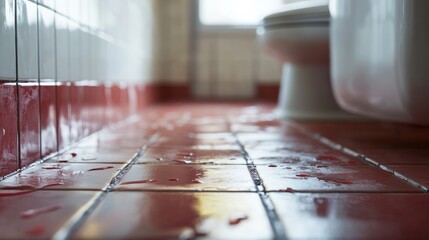 Red and White Tiled Bathroom Floor with Bloodstains