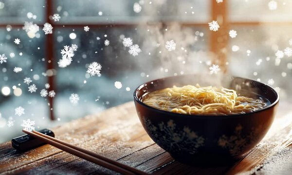 A steaming bowl of ramen noodles on a wooden table, chopsticks resting beside it, snowflakes gently falling outside the window.