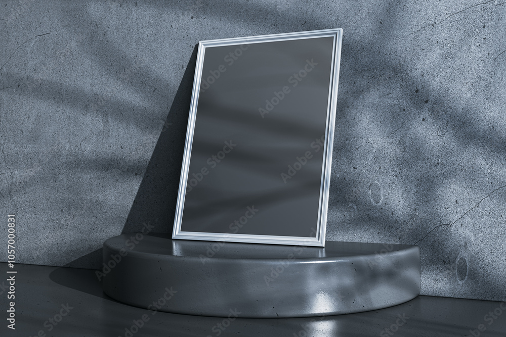 Poster Empty black frame on podium. Gray concrete wall background. Mock up concept. 3D Rendering.