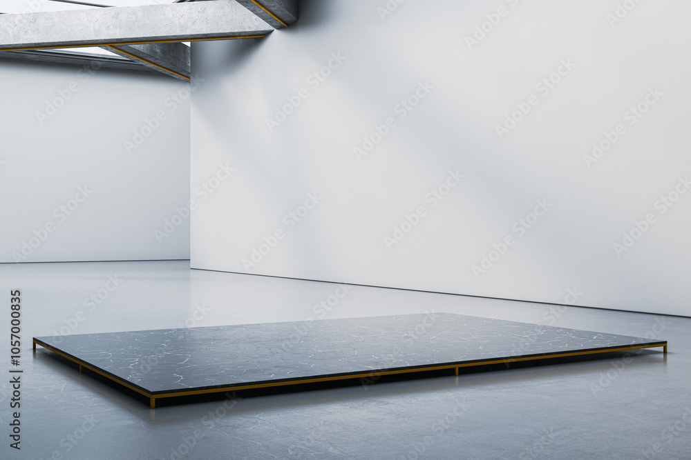 Poster light spacious concrete interior with pedestal and mock up place on gray wall. mock up, 3d rendering