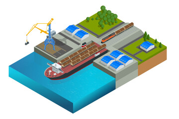 Isometric cargo ship is being loaded with logs in the port. Timber export or import, loading on cargo ship in commercial port. Transport industry.