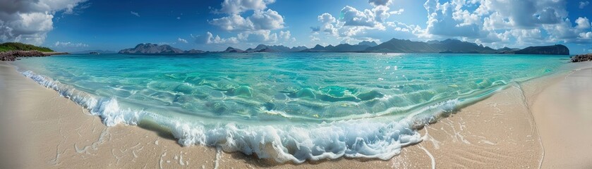 Crystal clear blue ocean, white sand beach, dramatic lighting