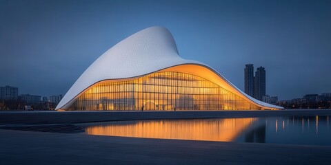 Naklejka premium Modern Architectural Design with Curved Lines and Glass Facade Reflecting in Water